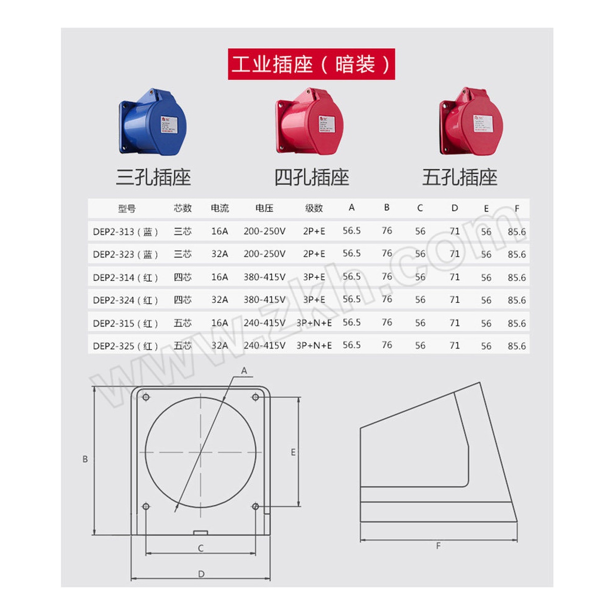Industrial Socket 415V 16A Plastic IP44 Plug-in 5-Pole, Pkg Qty 20